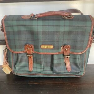 Polo by Ralph Lauren Green and Black Plaid Leather-Trim Messenger Briefcase